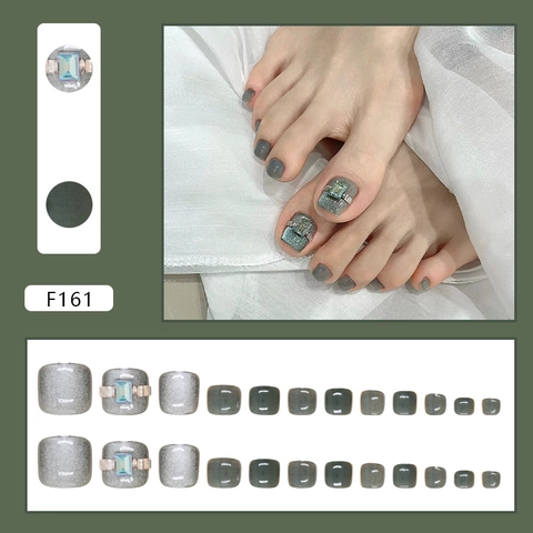 Emerald Green Cat Eye Press On Toe Nails With Rectangular Rhinestone Removable Glitter Artificial Toe Nails For Women