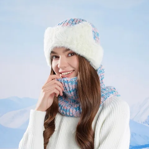 Winter Knitted Beanie Hat Neck Warmer Scarf Warm Plush Faux Fur Lining Cat Ear Design Outdoor Windproof