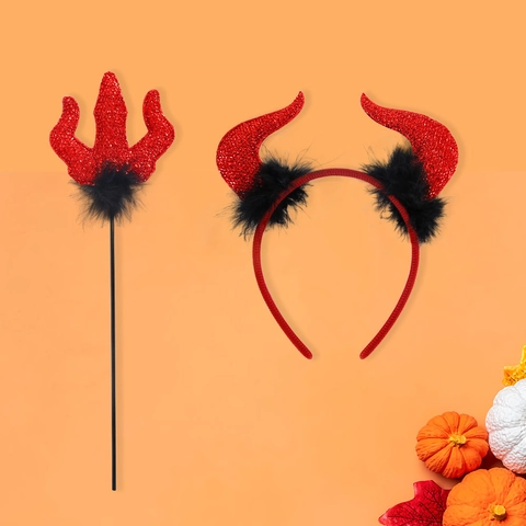 Halloween Rode Pailletten Duivelshoorns Hoofdband En Trident Staf Set Met Zwarte Veren Voor Kinderen Volwassenen Feest Cosplay Kostuum Requisites