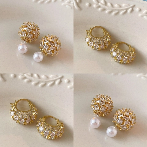 Pendientes De Perlas Artificiales Circonita Bañados En Oro Con Poste De Plata De Ley 925 Joyería De Lujo Para Mujer