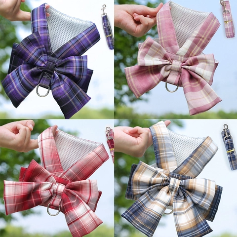 Plaid Pet Harness Leash Large Bow Breathable Mesh Vest For Small Dogs Cats Walking Clothing