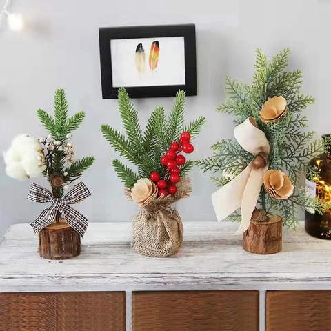 Mini Christmas Pine Tree Desktop Decoration With Wood Burlap Base Artificial Berries Cotton And Fabric Bow For Holiday Home