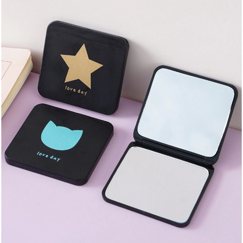 Portable Pocket Makeup Mirror Double Sided Folding Compact Square Matte Black Vanity Travel Cosmetic Tool