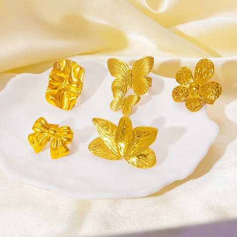 Gold Plated Stainless Steel Butterfly Flower Shell Abstract Adjustable Rings For Women Exaggerated Vintage Jewelry