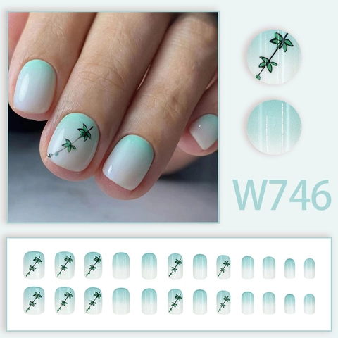 Press On Nails Kurz Rund Gradient Hellgrün Weiß Blattmuster Künstliche Falsche Nägel Mit Kleber Kunststoff Für Damen Eleganter Stil