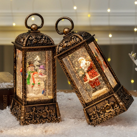 Christmas Snow Globe Lantern LED Lighted Glitter Water Lantern Vintage Bronze Santa Snowman Holiday Table Decoration