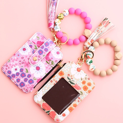 Women Floral Silicone Bead Bracelet Keychain Card Bag PU Leather Wristlet Wallet with Tassel Daily Fashion Accessory