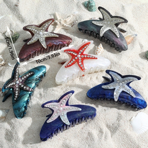 Starfish Haarklammer Straßstein Künstliche Perle Dekor Acryl Harz Sommer Strand Urlaub Hai Haar Zubehör Damen