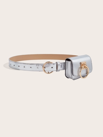 Mode Metallic Silber Kunstleder Gürtel Mit Kleiner Gürteltasche Koreanisch Minimalistisch Legierung Dornschließe Dekorativer Hüftgurt Für Damen