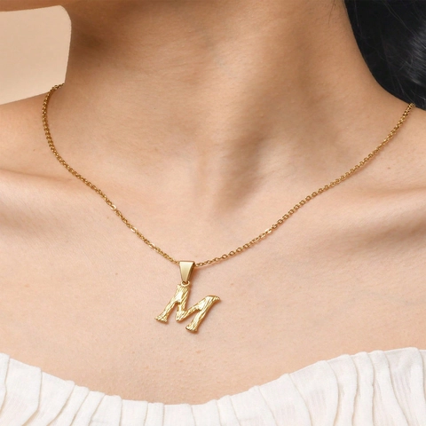 Stainless Steel Initial Pendant Necklace 18K Gold Plated Alphabet Bark Texture Retro Fashion Jewelry Gift For Women