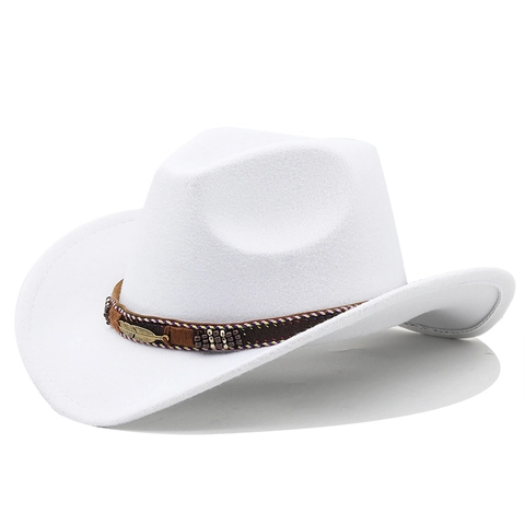 Cappello Fedora Cowboy Western Feltro Tesa Larga Con Piuma Di Metallo Fascia Etnica Perline Vintage Unisex