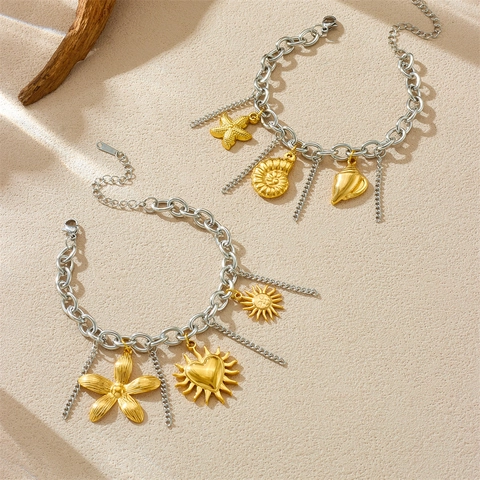 Bracciale Con Ciondoli Multipli In Acciaio Inossidabile Bicolore Ape Fiore Stella Marina Ciliegia Nappa Gioielli Donna