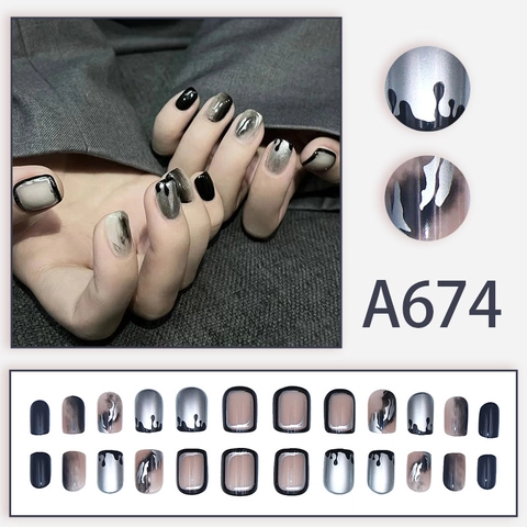 Press On Nails Short Square Round Black Silver Marble Gradient Metallic Cool Dark Style Artificial Fingernails For Women