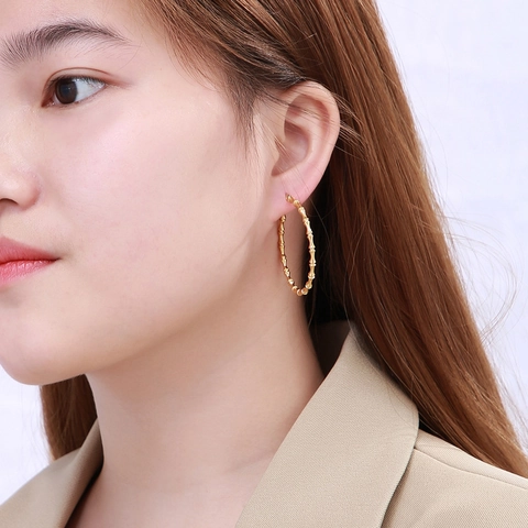 Boucles D'oreilles Créoles En Acier Inoxydable Joint En Bambou Pour Femmes Bijoux En Métal À Grand Cercle Géométrique