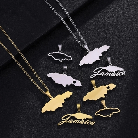 Collier Pendentif Carte Jamaïque Acier Inoxydable Creux Cœur Lettre Bijoux Hip Hop Collier Pull Unisexe Mode