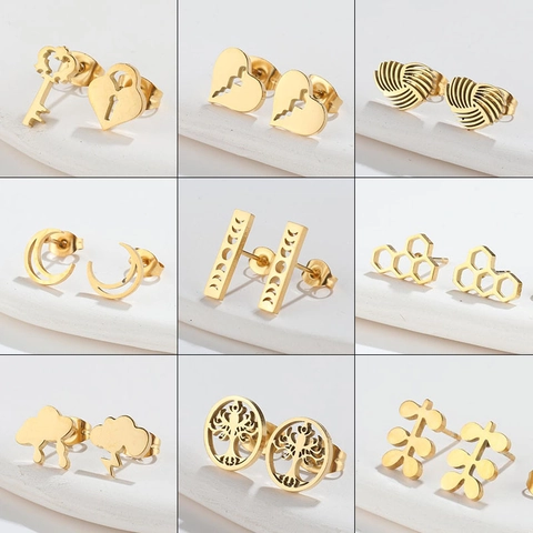 Minimalistische Edelstahl Ohrstecker Geometrisches Herz Mond Schlüssel Schloss Lebensbaum Design Für Damen