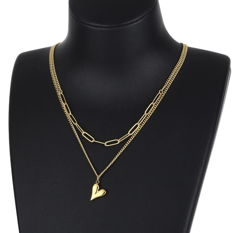 Layered Necklace Stainless Steel Heart Pendant Double Layer Paperclip Chain Fashion Jewelry For Women Elegant