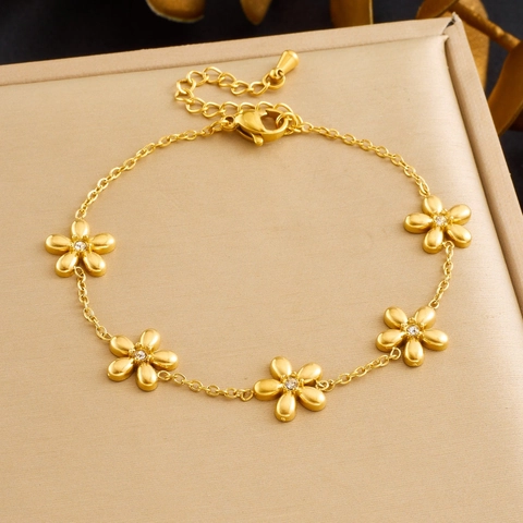 Bracciale A Catena Con Fiori In Acciaio Inossidabile Placcato Oro Da Donna Stile Di Nicchia Elegante Zircone Regolabile
