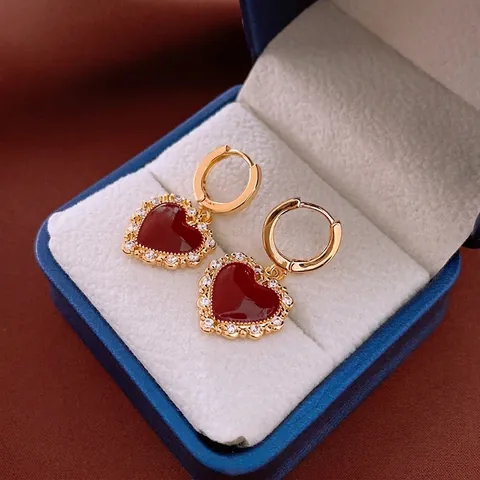 Rote Herz Huggie Drop Ohrringe Für Frauen Kupfer Echt Vergoldet Vintage Zirkonia Halo Schmuck Geschenk