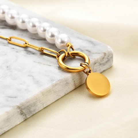 Pulsera Asimétrica Mujer Acero Inoxidable Chapado Oro 18K Cadena Eslabones Perlas Artificiales Imitación Colgante Redondo Elegante