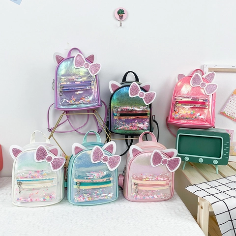 Kids Mini Backpack Iridescent PU Leather Cute Cat Ears Glitter Bow Transparent Sequin Pocket Toddler Girls Fashion Bag