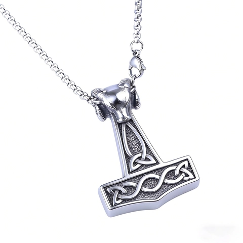 Collana Con Pendente Martello Di Thor Vichingo Per Uomo Acciaio Inossidabile Testa Di Ariete Nordico Nodo Celtico Retro