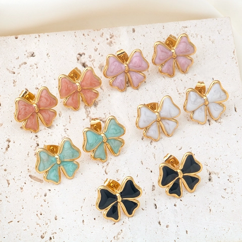 Stainless Steel Bow Earrings For Women Gold Plated Enamel Marble Pattern Bowknot Stud Earrings Fashion Jewelry Gift