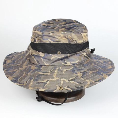 Camouflage Bucket Hat Wide Brim Breathable Mesh Adjustable Chin Strap Outdoor Hiking Fishing Sun Protection Quick Dry