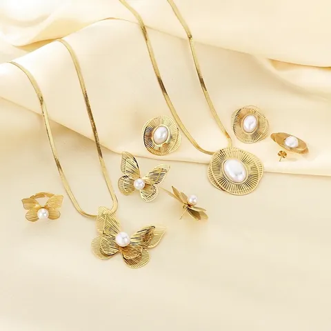 Stainless Steel Butterfly Artificial Pearl Necklace Earrings And Ring Gold Plated Hollow Design Fashion Jewelry For Women