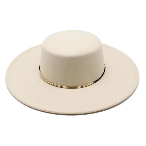Sombrero Boater De Ala Ancha Copa Plana Elegante Algodón Poliéster Color Sólido Con Decoración De Metal Dorado Estilo Vintage