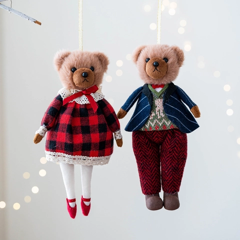 Teddybär Plüsch Anhänger Britischer Stil Karorock Blauer Anzug Süß Weihnachten Baum Tasche Schlüsselanhänger Dekoration Vintage Paar