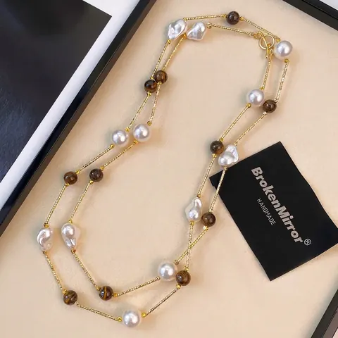 Layered Necklace Irregular Baroque Imitation Artificial Pearl Tiger Eye Stone Gold Plated Long Sweater Chain Maillard Jewelry Women