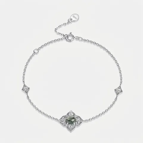 Bracciale In Agata Muschio Vintage Cavo Floreale Ovale Pietra Verde Argento Sterling 925 Gioielli Regolabili Per Donne