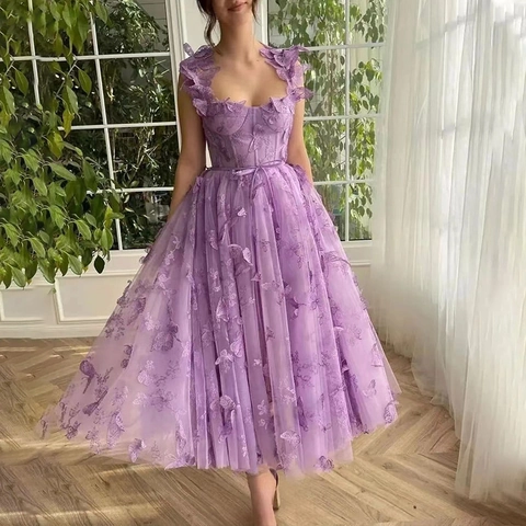 Abito Sera Tulle Applique Farfalla 3D Spacco Alto Spalline Sottili Senza Maniche Fata Sposa Matrimonio Festa Formale