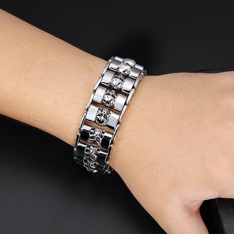 Men Skull Stainless Steel Bracelet Punk Heavy Metal Motorcycle Chain Jewelry For Rock Motorcyclist Cool Silver