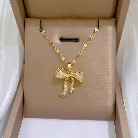 Bowknot Pendant Necklace Stainless Steel Chain Copper Micro Inlaid Zircon Dainty Elegant Jewelry For Women