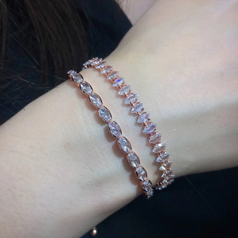 Elegant Marquise Oval Cubic Zirconia Tennis Bracelet Adjustable Copper Gold Plated Jewelry For Women Shiny Fashion