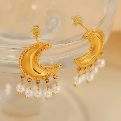 Pendientes Colgantes Luna Creciente Acero Inoxidable Perla Artificial De Imitación Borla Chapado En Oro Elegante Para Mujeres
