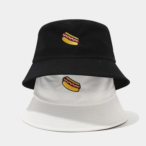 Sombrero De Pescador Algodón Con Bordado Hot Dog Protección Solar Ajustable Transpirable Plegable Gorra De Sol Para Mujer Hombre