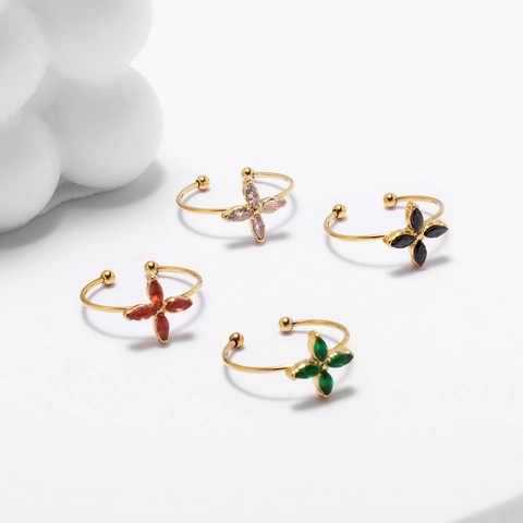 Four Leaf Clover Flower Ring Stainless Steel Zircon Open Adjustable Gold Plated Minimalist Fashion Jewelry Women