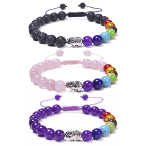 Bracciale Sette Chakra In Pietra Lavica Naturale Con Ciondolo Elefante In Lega Fatto A Mano Regolabile Gioielli Yoga Per Donna Uomo