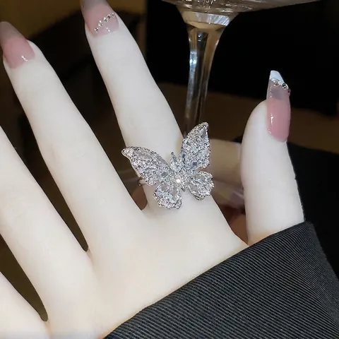 Butterfly Open Adjustable Ring Copper Cubic Zirconia Sparkling Elegant Trendy Luxe Hand Jewelry For Women
