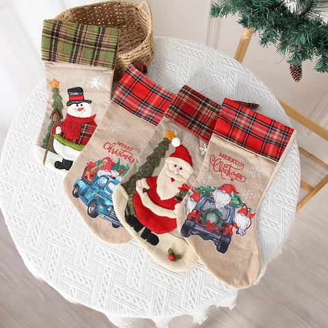 Large Christmas Stocking Burlap Plaid Cuff Xmas Sock Hanging Decoration Gnome Santa Snowman Retro Truck Gift Bag