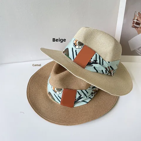 Damen Strohhut Mit Breiter Krempe Faltbarer Fedora Mit Bedrucktem Satinnschal Und Lederflicken Sommer Strandhut
