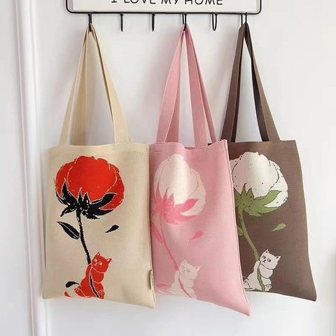 Gestrickte Einkaufstasche Polyester Große Kapazität Cartoon Katze Blumenmuster Jacquard Lässige Handtasche Damen