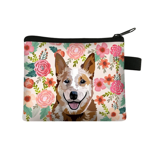 Dog Floral Print Coin Purse Zippered Small Storage Bag Polyester Portable Mini Wallet For Kids And Women