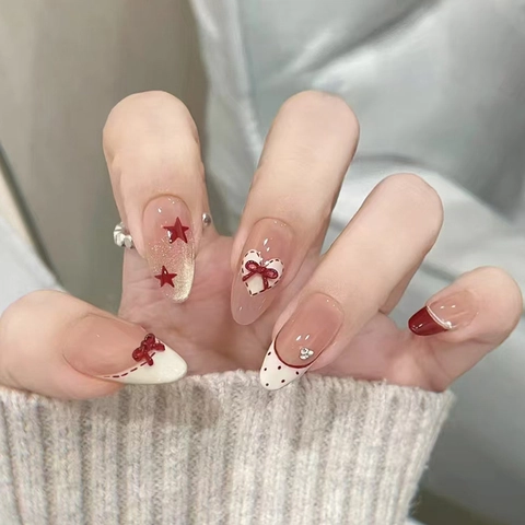 Uñas Postizas Almendra Rojo Lazo 3D Estrella Puntos Francés Ojo De Gato Diamantes Imitación Perla Artificial Elegantes