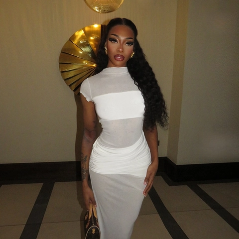 Sexy Women White Sheer Mesh Patchwork Bodycon Maxi Dress Ruched Short Sleeve Mock Neck Slim Fit Elegant Evening Party