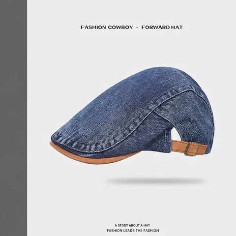 Vintage Denim Schiebermütze Baumwolle Gewaschene Kappe Mit Lederbesatz Verstellbare Retro Lässige Baskenmütze