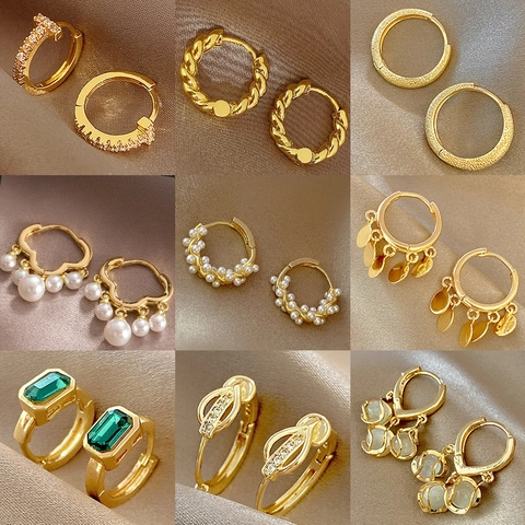 Korean Style Geometric Hoop Earrings Copper Zircon Artificial Pearl Women Elegant Fashion With 925 Sterling Silver Earring Post